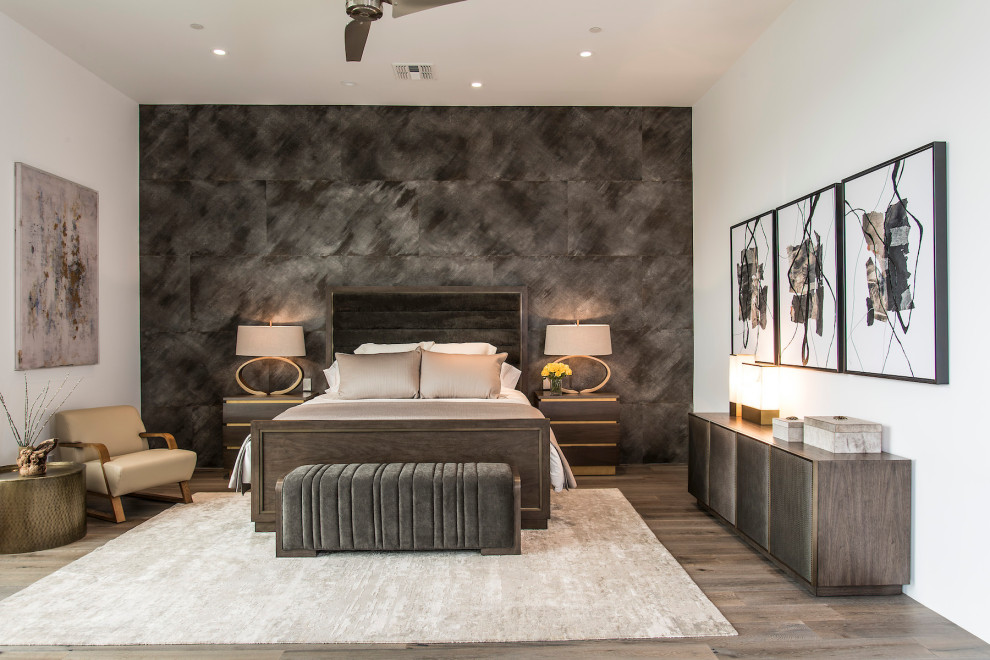 Inspiration for a large modern master dark wood floor and gray floor bedroom remodel in Phoenix with white walls