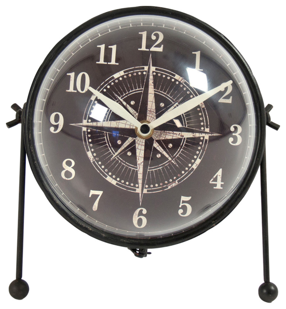 Round Iron Clock, Black, White Beach Style Desk And Mantel Clocks