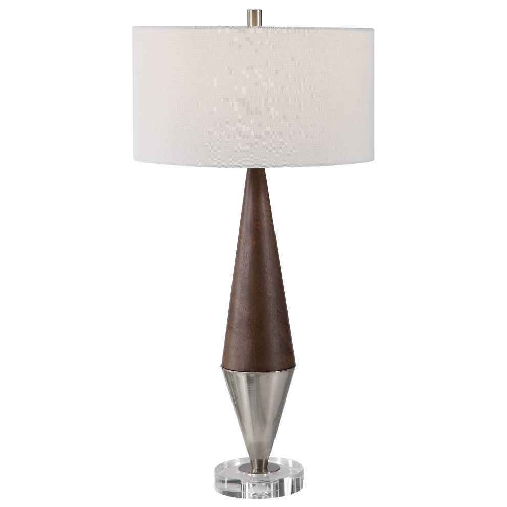 Mid Century Modern Tapered Oak Wood Table Lamp Two Tone Silver Diamond Shape