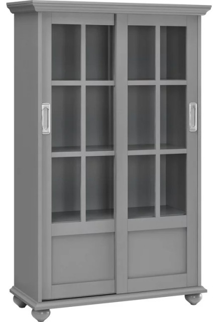 Transitional Bookcase, Sliding Doors With Glass Panels & Inner Shelves, Gray