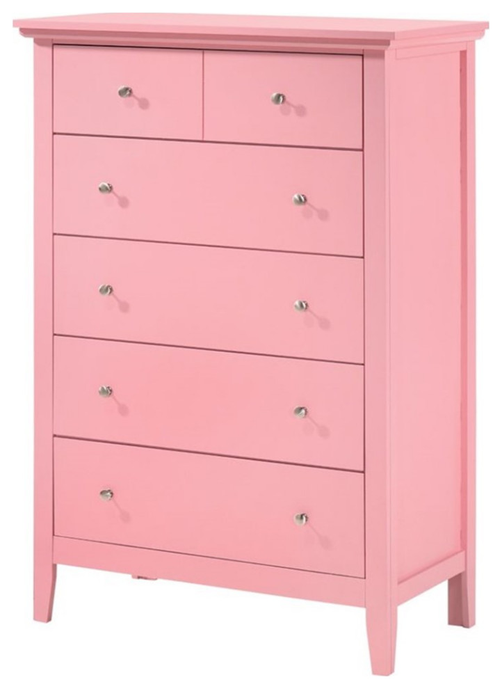 Maklaine Engineered Wood 5 Drawer Bedroom Chest in Pink Finish