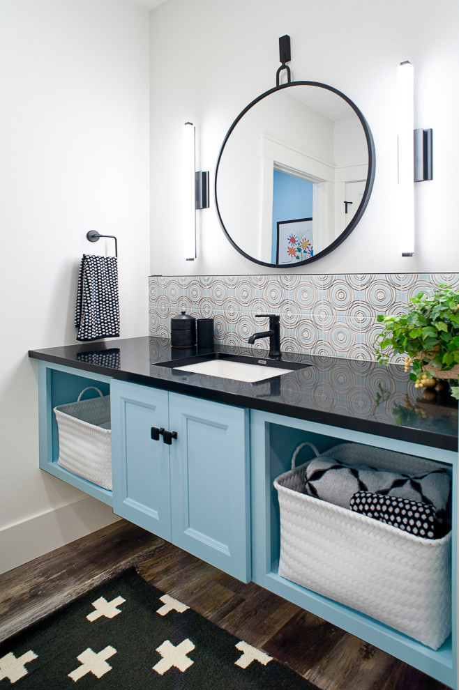 Large country bathroom in Other with flat-panel cabinets, blue cabinets, a single vanity and a floating vanity.