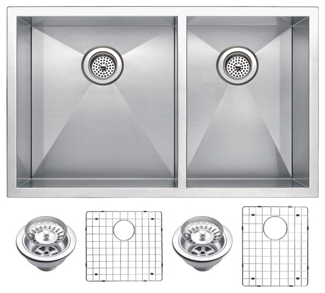Zero Radius 60/40 Double Undermount Sink With Drain, Strainers