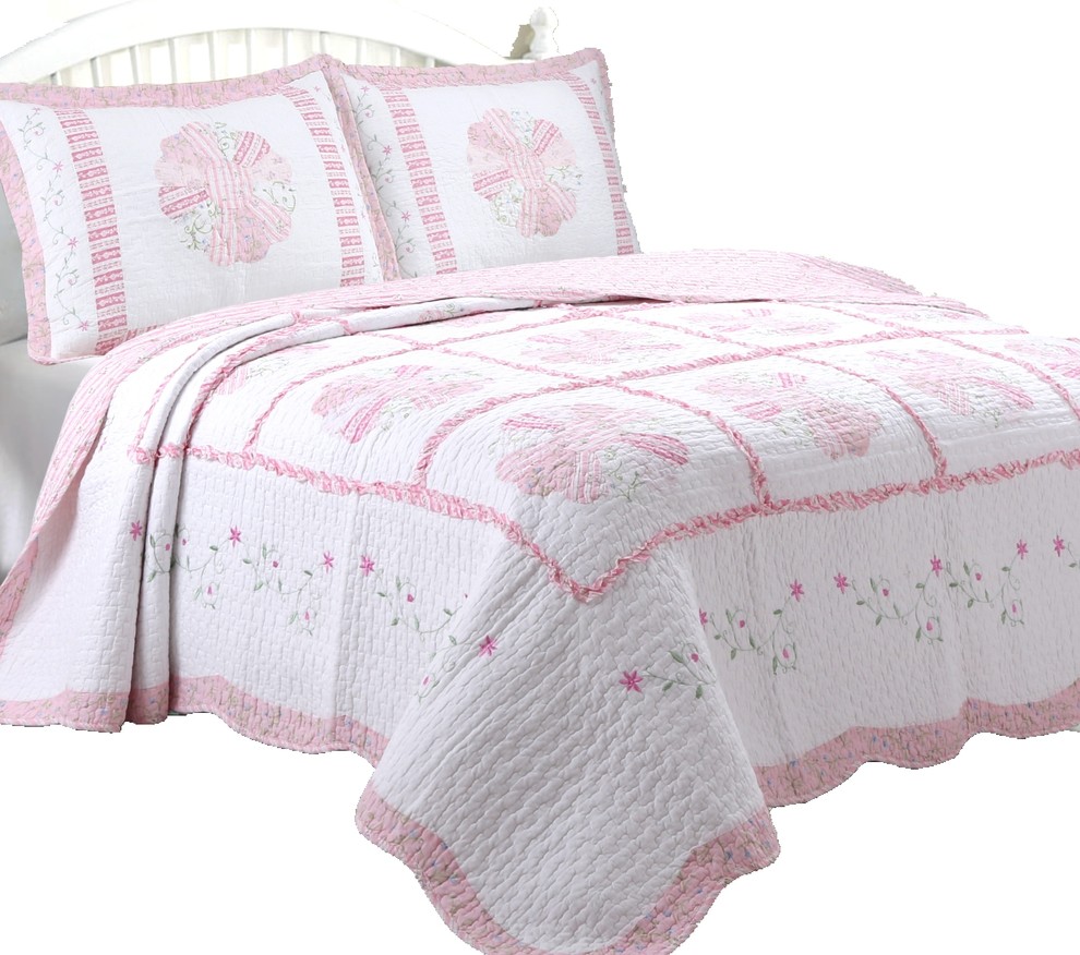 Vintage Pink Calico Floral 100% Cotton Quilt Set, Full/Queen Set