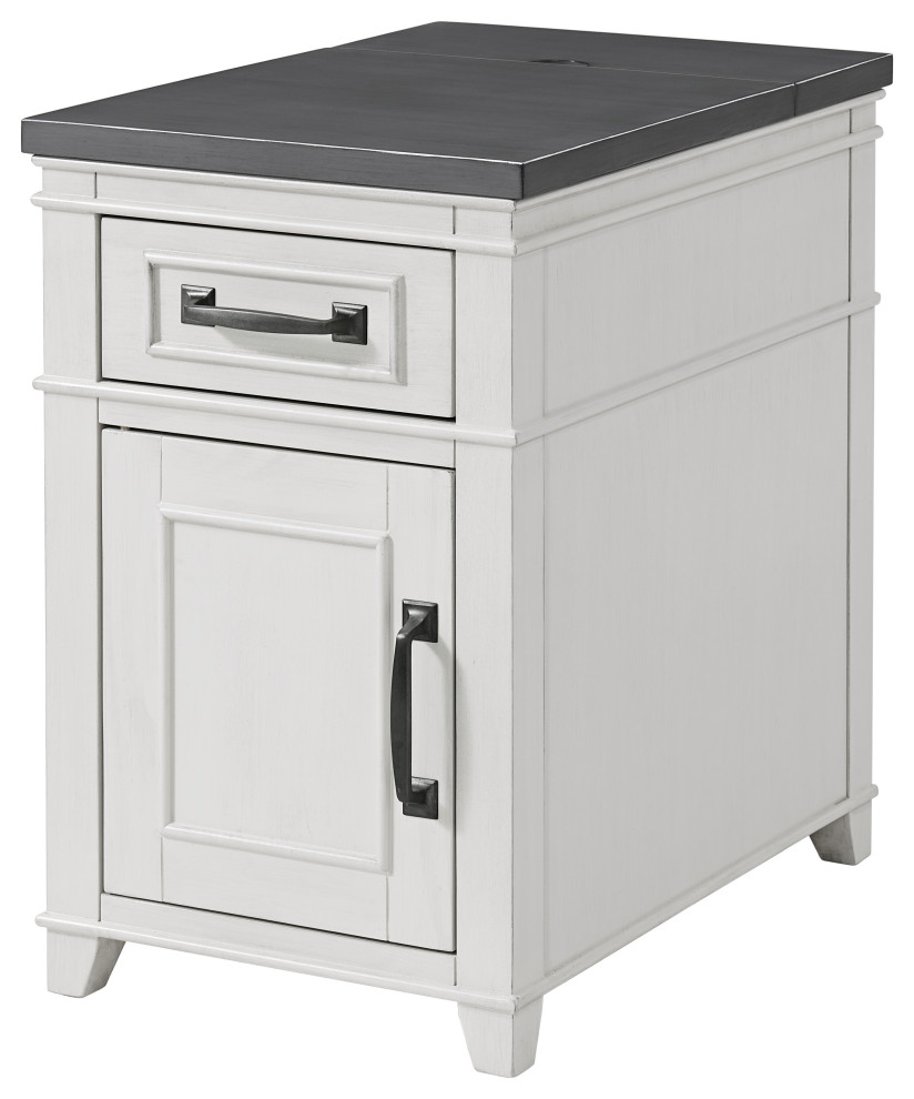 Del Mar Chairside Table With Power, Antique White and Gray Farmhouse