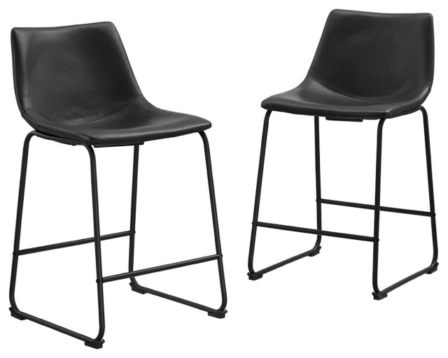 24" Industrial Faux Leather Counter Stools, Set of 2, Black