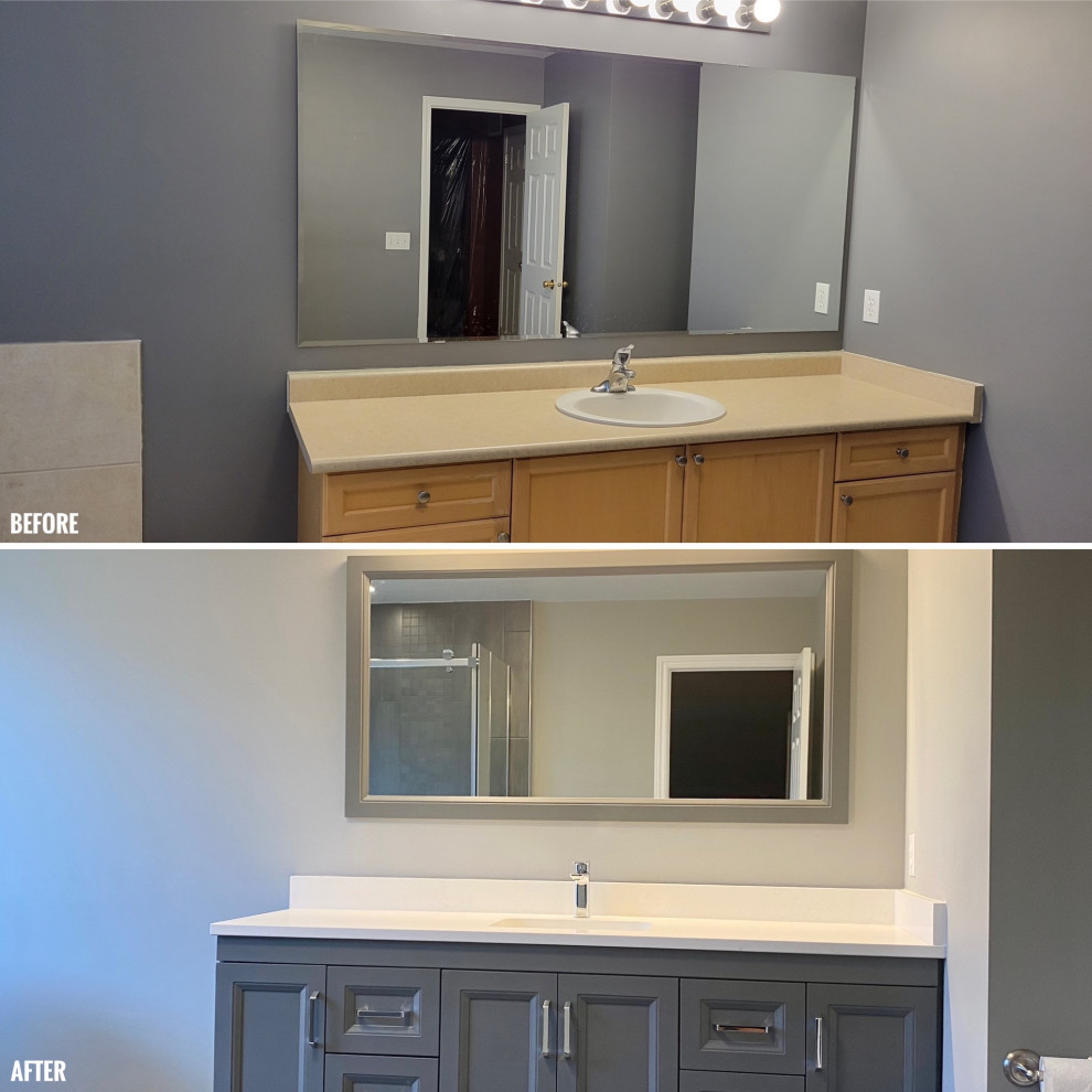 Freestanding bathtub - huge transitional master porcelain tile porcelain tile, gray floor and single-sink freestanding bathtub idea with recessed-panel cabinets, a one-piece toilet, an undermount sink, quartzite countertops, white countertops and a built-in vanity