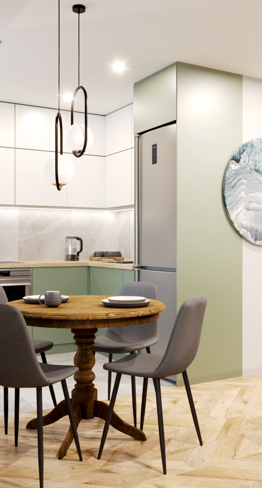 Гостиная, совмещённая с кухней, в природных тонах