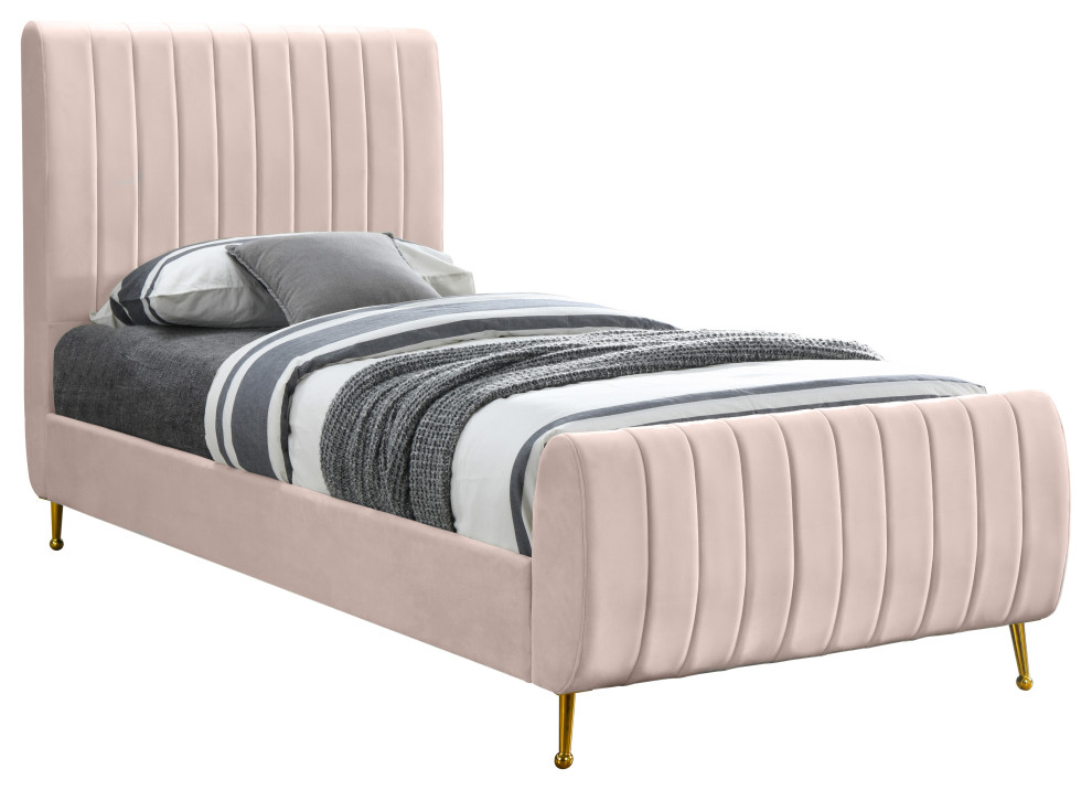 Zara Channel Tufted Velvet Bed With Custom Gold Legs Contemporary