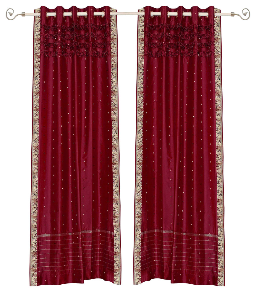 Lined-Maroon Hand Crafted Grommet Top  Sheer Sari Curtain / Drape / Panel-Piece