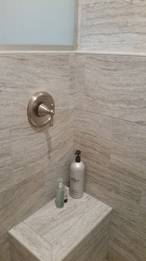 Example of a large transitional master multicolored tile and porcelain tile bathroom design with flat-panel cabinets, gray cabinets, blue walls, an undermount sink and quartz countertops