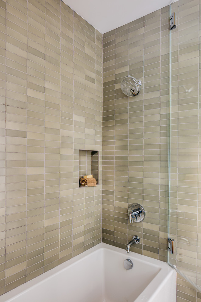 This is an example of a mid-sized modern master bathroom in San Francisco with flat-panel cabinets, beige cabinets, an alcove tub, a shower/bathtub combo, beige tile, ceramic tile, beige walls, ceramic floors, an undermount sink, quartzite benchtops, an open shower and beige benchtops.