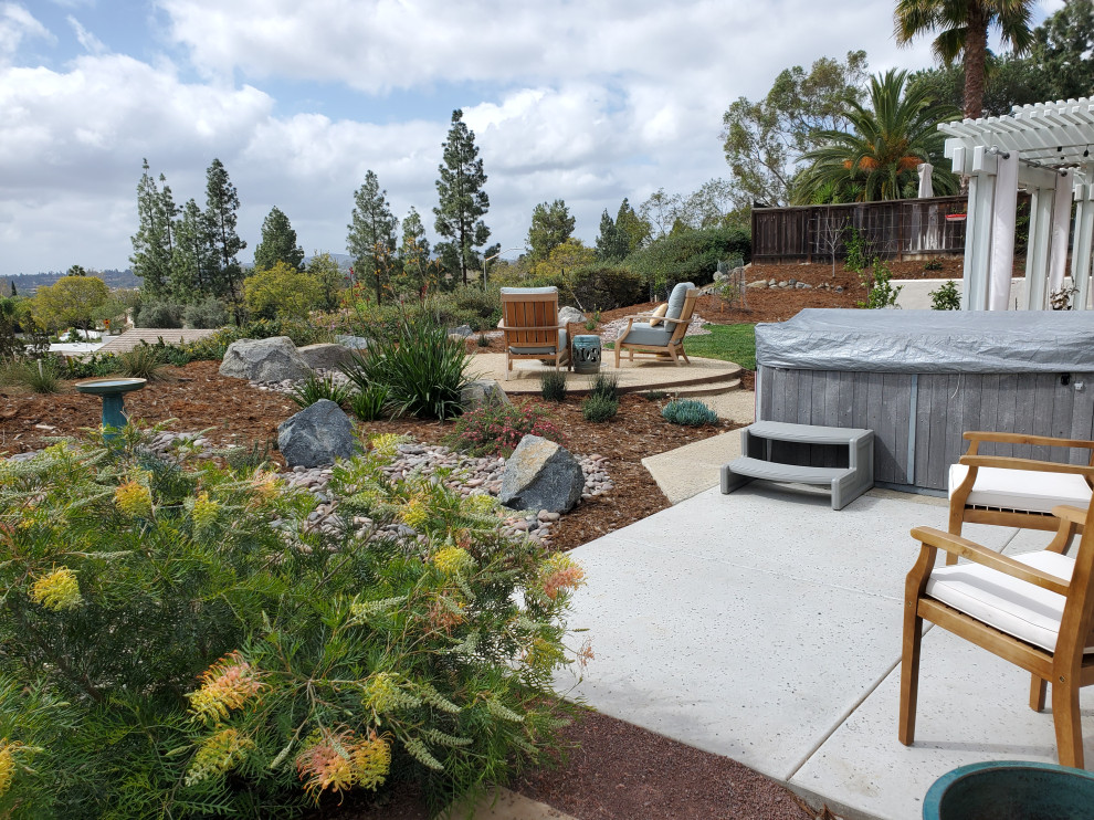 This is an example of a medium sized eclectic back xeriscape full sun garden for summer in San Diego with a desert look and natural stone paving.