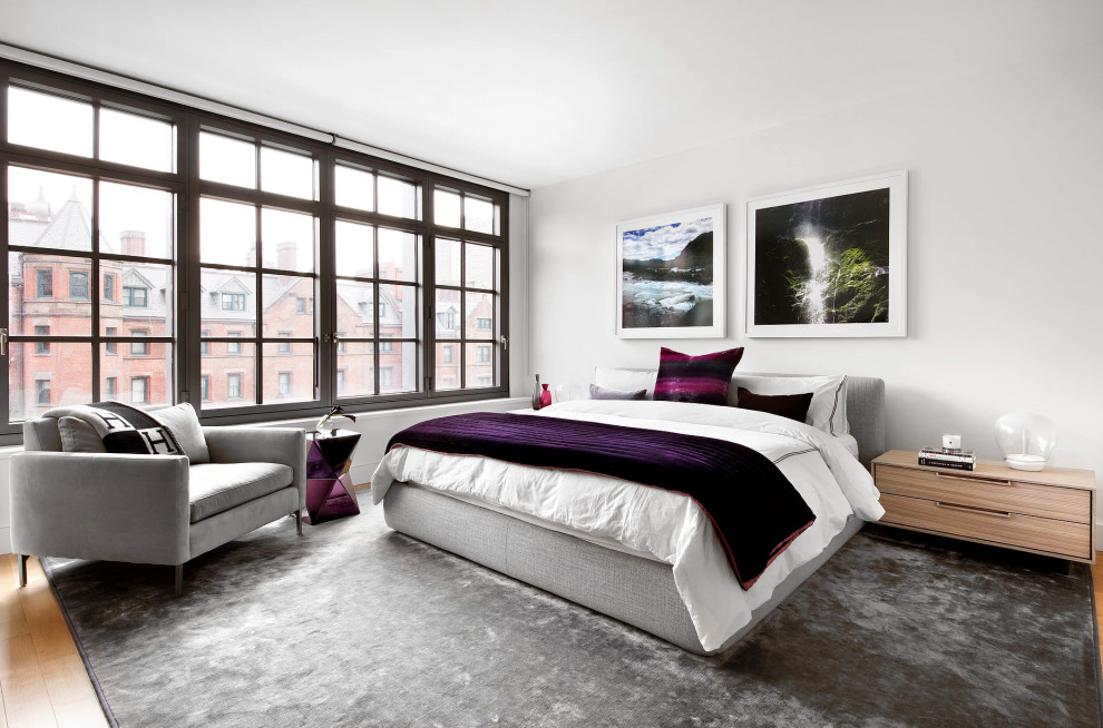 ニューヨークにある広いコンテンポラリースタイルのおしゃれな寝室のインテリア