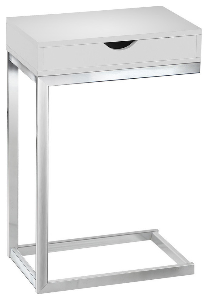 Accent Table, C-shaped, End, Side, Snack, Living Room, Bedroom, Metal, Top: Glossy White, Base: Chrome