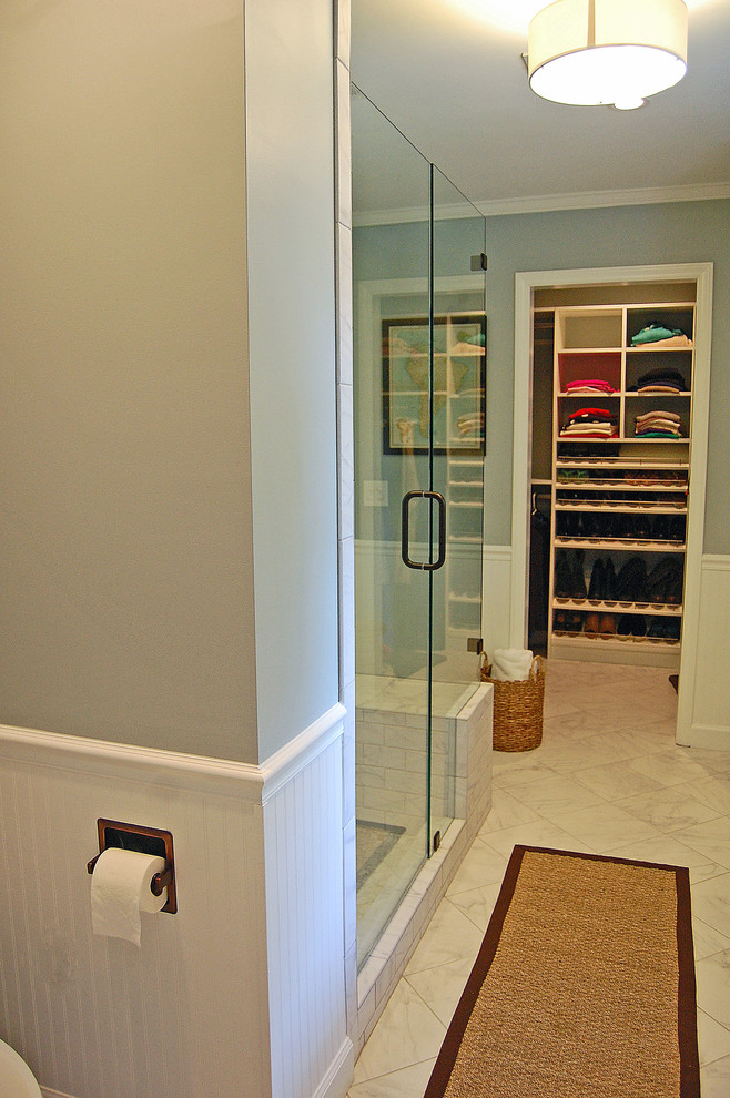 Mid-sized eclectic master bathroom in Other with shaker cabinets, white cabinets, granite benchtops, an alcove shower, gray tile, porcelain tile, blue walls and porcelain floors.