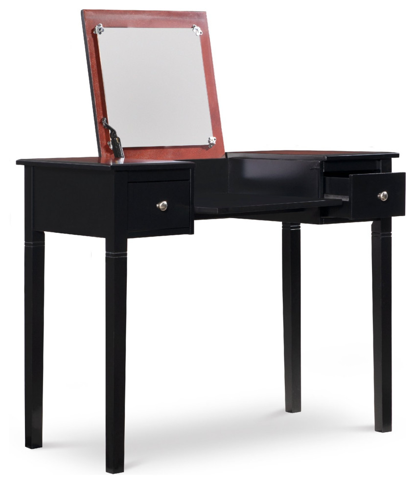 Classic Vanity Set, Cushioned Stool & Table With Flip Up Mirror, Black