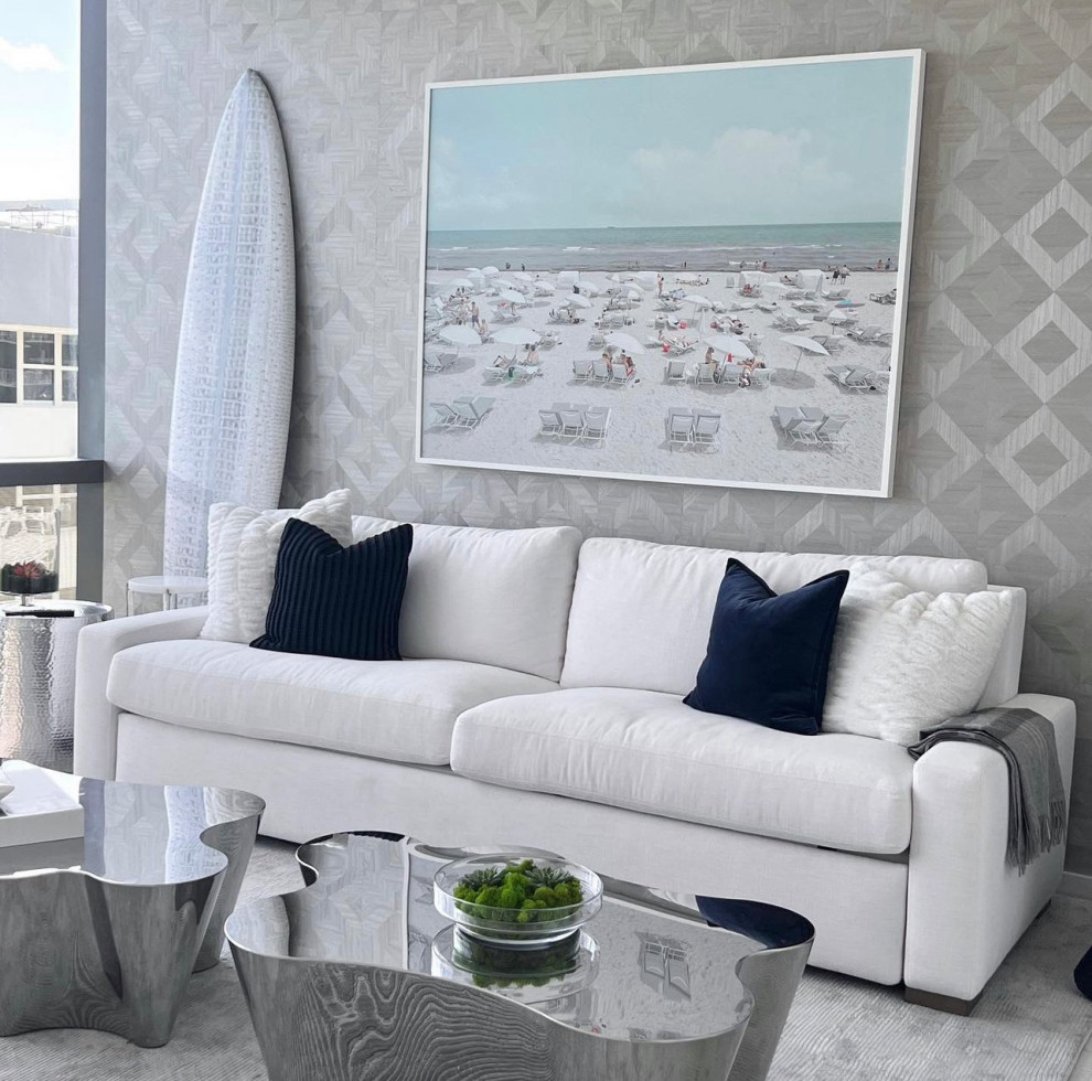 Design ideas for a medium sized nautical games room in Miami with grey walls, limestone flooring, a wall mounted tv, grey floors and wallpapered walls.