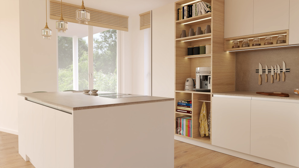 Photo of a large scandinavian l-shaped open plan kitchen in Munich with flat-panel cabinets, white cabinets, medium hardwood flooring and an island.