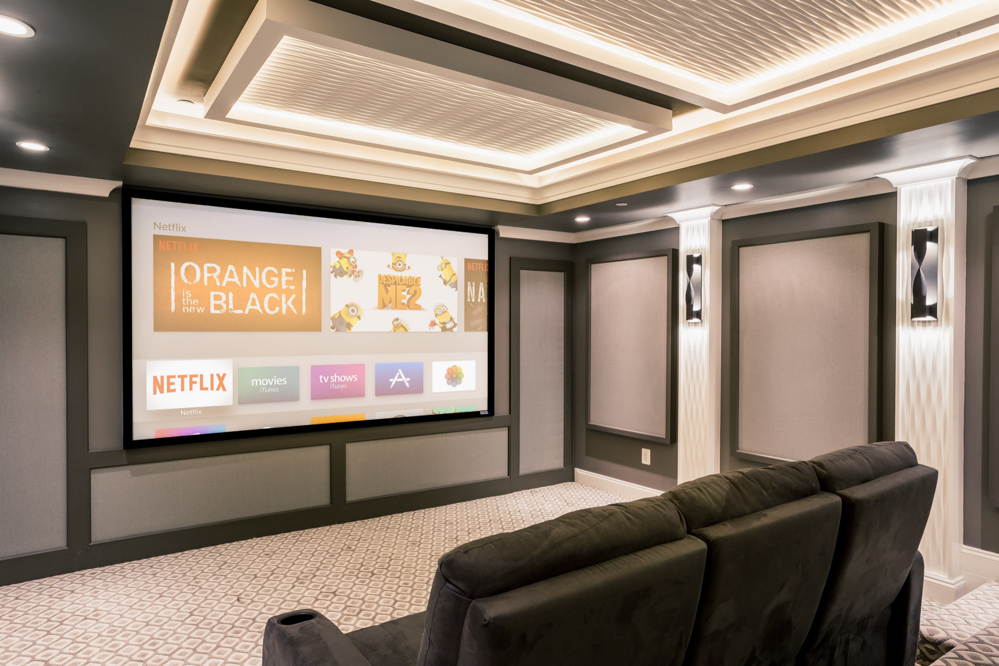 75 Beautiful Contemporary Home Theatre with Multi-Coloured Floor