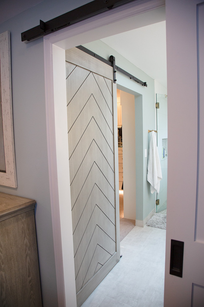 Photo of a mid-sized midcentury master bathroom in Seattle with shaker cabinets, white cabinets, a curbless shower, white tile, ceramic tile, white walls, ceramic floors, an undermount sink, engineered quartz benchtops, grey floor, a hinged shower door, white benchtops, a shower seat, a double vanity and a built-in vanity.