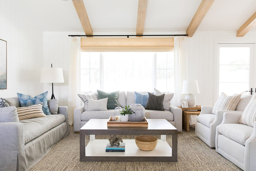 Design ideas for a mid-sized beach style formal open concept living room in Salt Lake City with white walls.