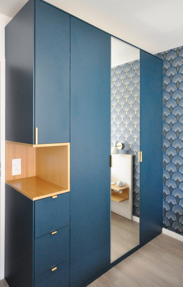 This is an example of a contemporary standard wardrobe for women in Paris with laminate floors.