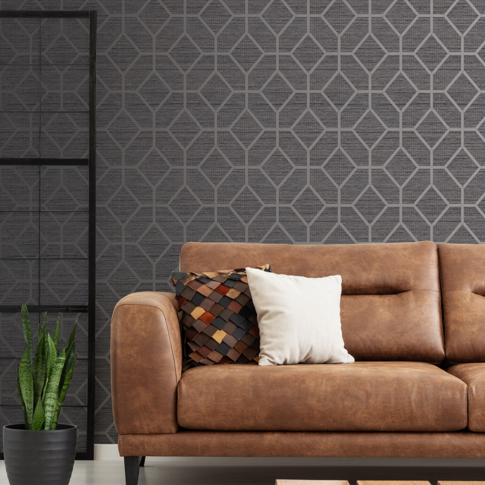 Inspiration for a contemporary living room in New York with grey walls and wallpaper.