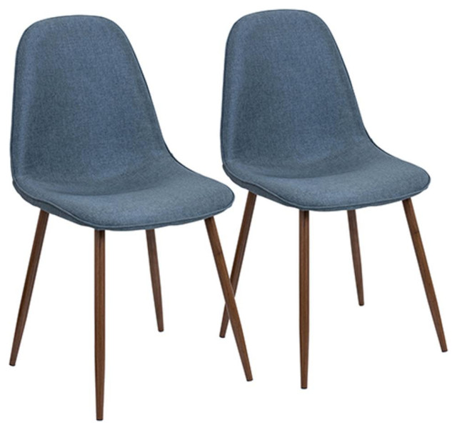 Pebble Mid-Century Modern Dining/Accent Chair, Walnut and Blue Fabric -Set of 2