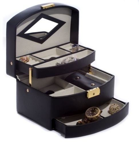 Black Leather 3 Level Hinged Jewelry Box With Mirror
