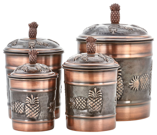 4 Piece Antique Copper Pineapple Canister Set Tropical