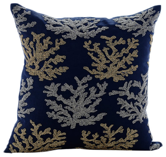 Beaded Sea Weeds Cotton Linen Navy Blue Accent Pillows Sea Weeds