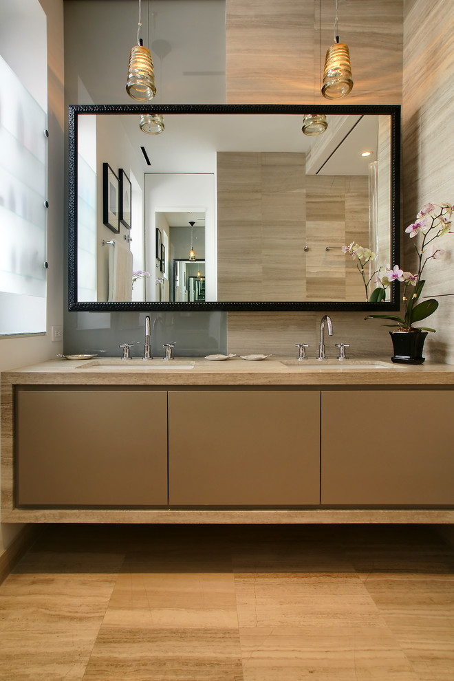 Contemporary bathroom in New York with beige cabinets.
