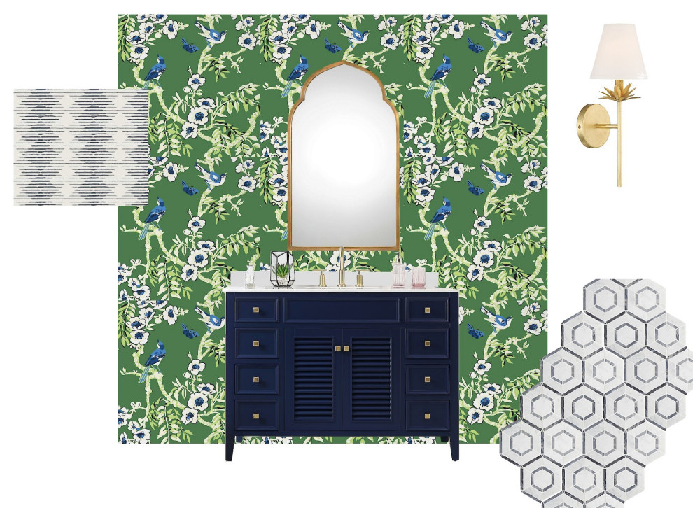 Idées déco pour une salle de bain éclectique avec des portes de placard bleues, un mur vert, meuble-lavabo sur pied et du papier peint.
