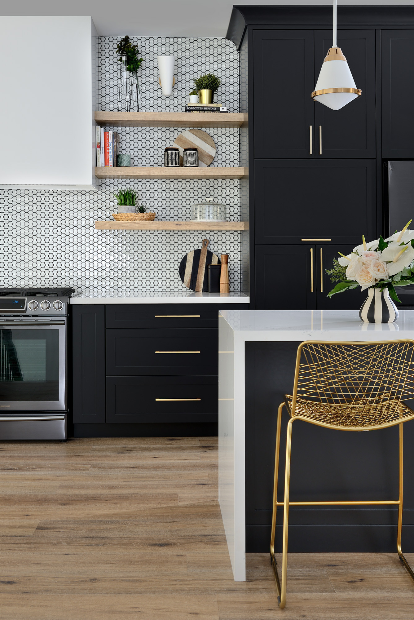 Brass and Marble Shelf Over Kitchen Sink - Transitional - Kitchen