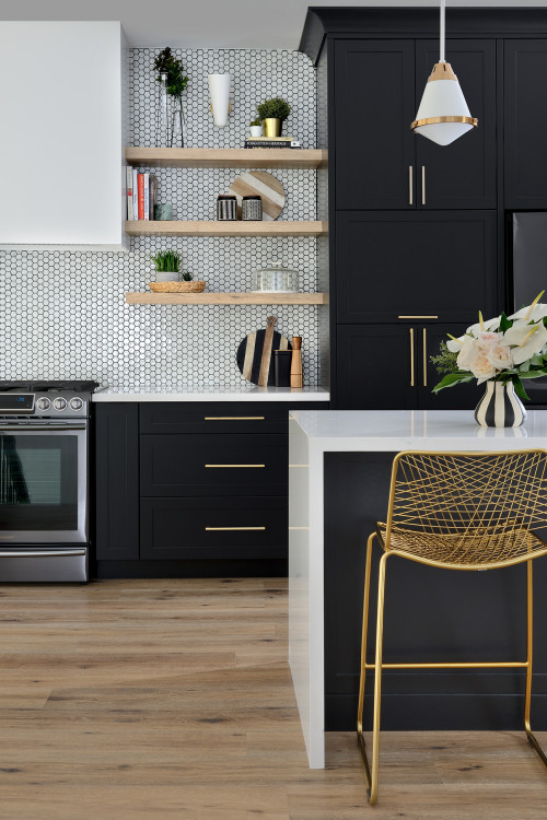 Enhancing a Black and White Kitchen with Wood Flooring