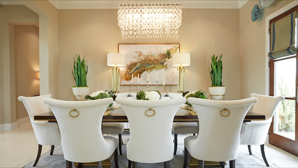 Design ideas for a large transitional separate dining room in Dallas with beige walls and porcelain floors.
