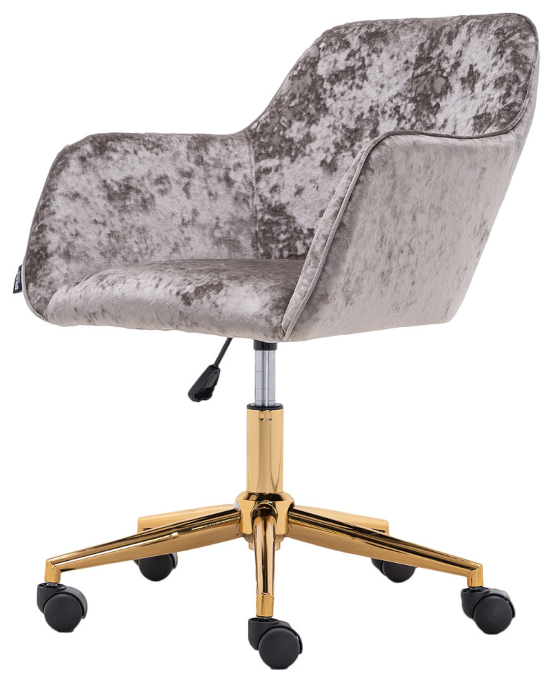 Velvet Home Office Chair With Gold Metal Legs, Brown Contemporary