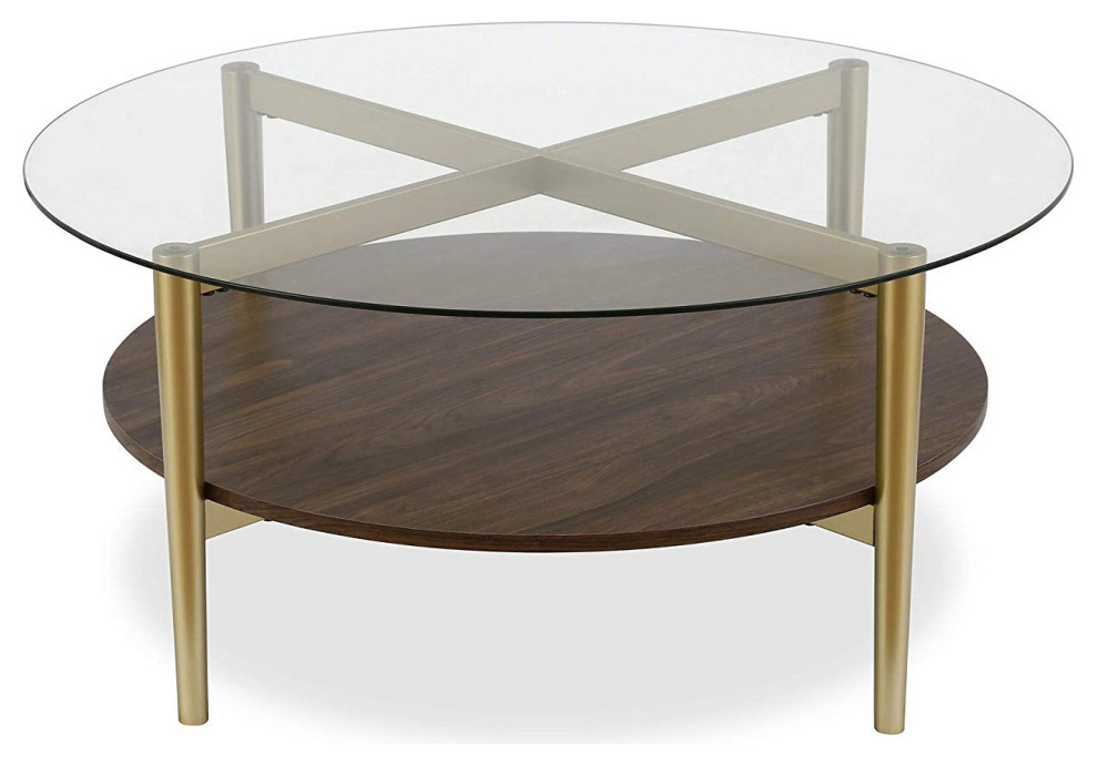 Coffee Table, Gold Finished Steel Frame With Round Tempered Glass Top