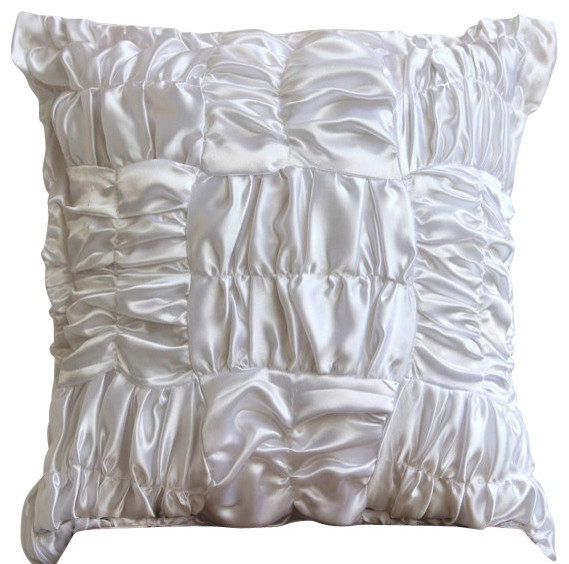 Ruched White White Accent Pillows, Satin Pillow Covers, Dreamy White, 14"x14" Modern