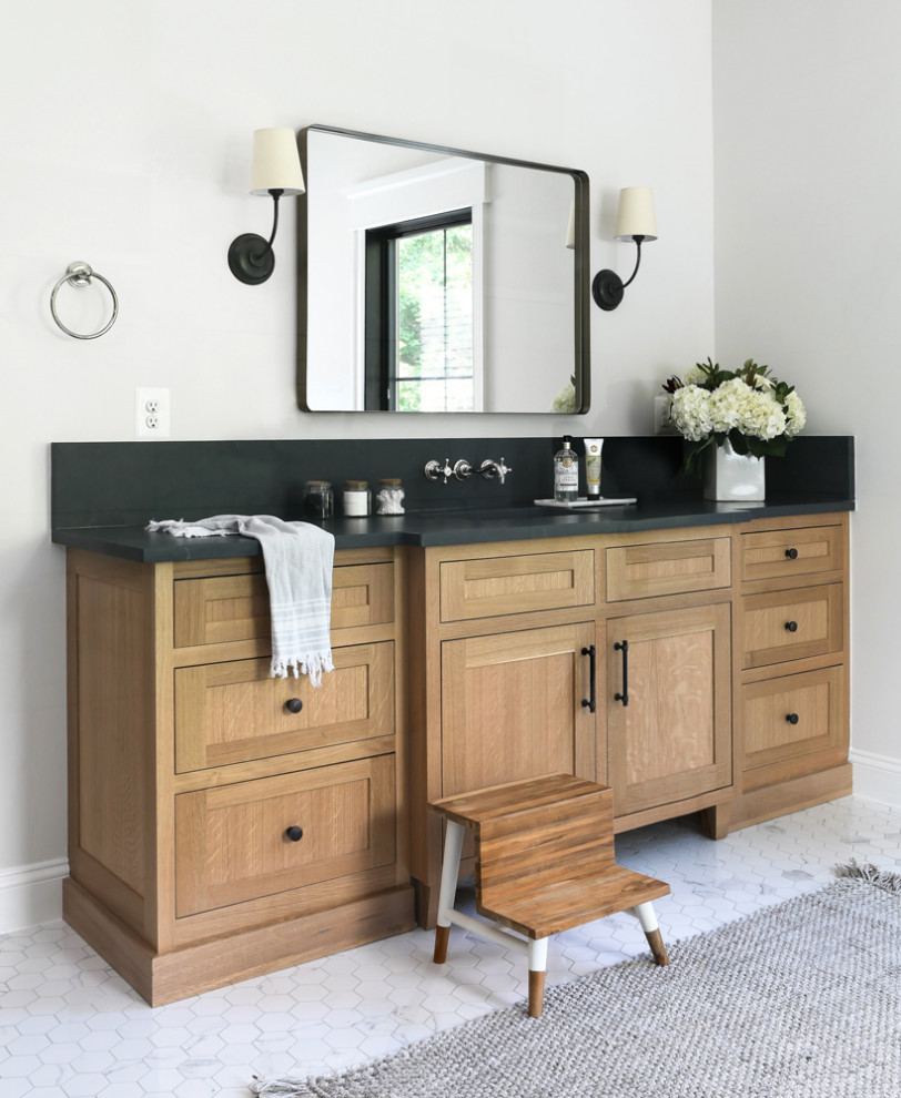 Inspiration for a mid-sized country master single-sink bathroom remodel in Other with shaker cabinets, white cabinets, a one-piece toilet, white walls, an undermount sink, quartz countertops, white countertops and a built-in vanity