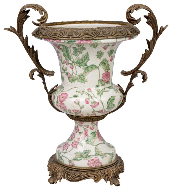 Floral Pattern Porcelain Trophy Vase Brass Ormolu Accents 14" - Victorian -  Vases - by William Sung | Houzz