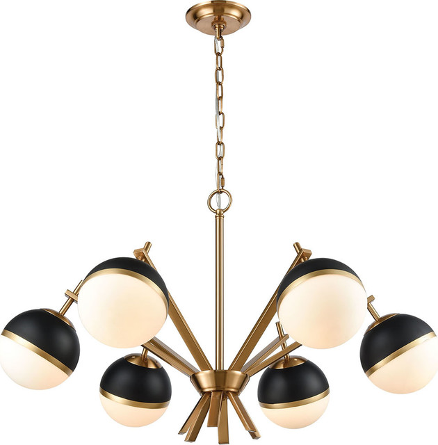 Blind Tiger Chandelier, Aged Brass With Black, Gold, White Glass