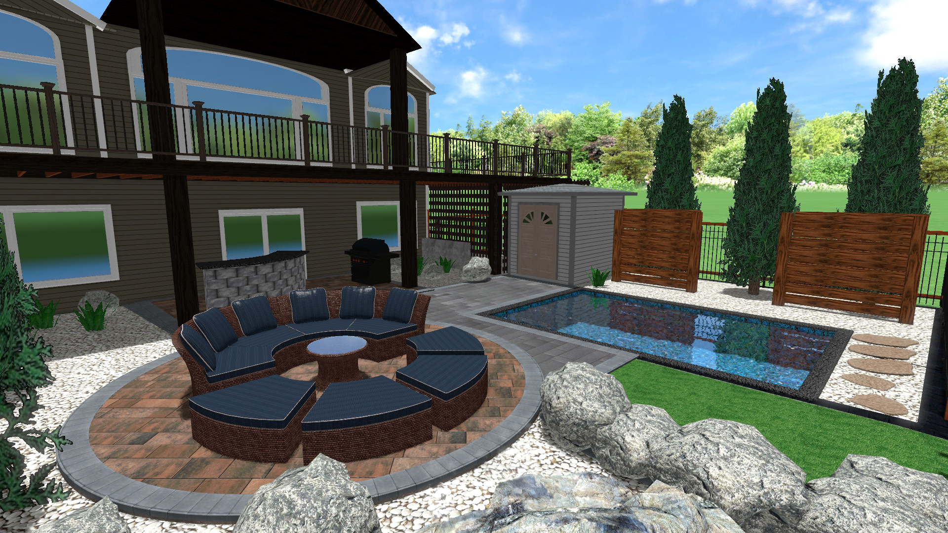 3D landscape design of Backyard pool deck with Barkman Concrete Bridgewood slabs, curved quarry stone bar, pool, and privacy screens