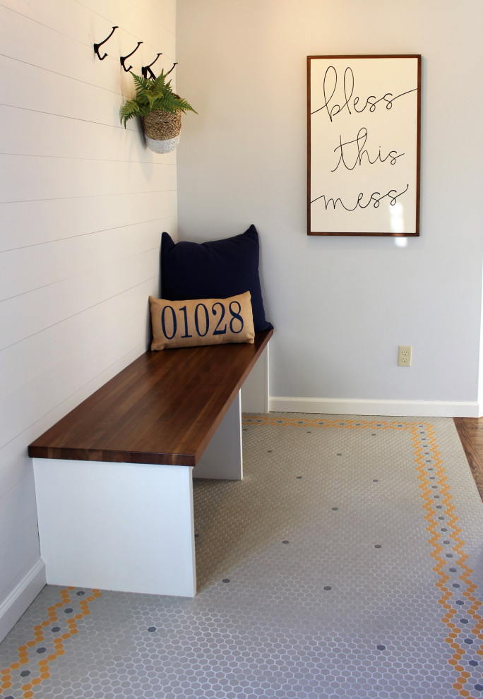 Mudroom - small eclectic ceramic tile and gray floor mudroom idea