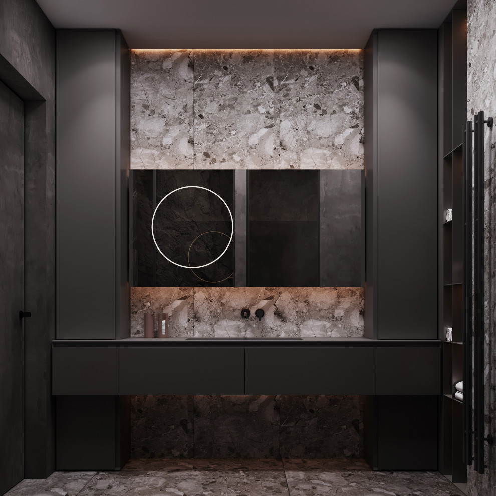Photo of a mid-sized contemporary master wet room bathroom in Moscow with flat-panel cabinets, grey cabinets, a wall-mount toilet, gray tile, porcelain tile, grey walls, terrazzo floors, an integrated sink, solid surface benchtops, grey floor, a hinged shower door, grey benchtops, a single vanity and a floating vanity.