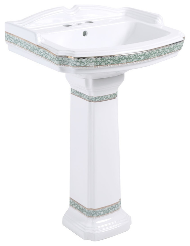 India Reserve White Pedestal Bathroom Sink 23" Green and Gold with