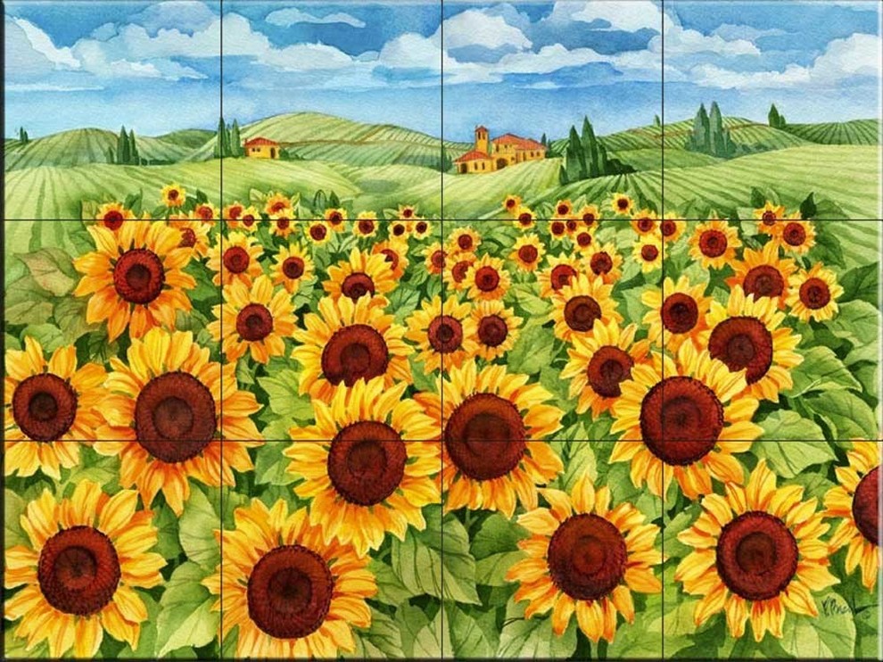 Tile Mural, Sunflower Field by Paul Brent, 17" x 12.75" (12 Tiles) Farmhouse Tile Murals