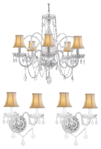 3 Piece Set Crystal Chandelier and 2 Wall Sconces With White Shades - Traditional - Wall Sconces ...
