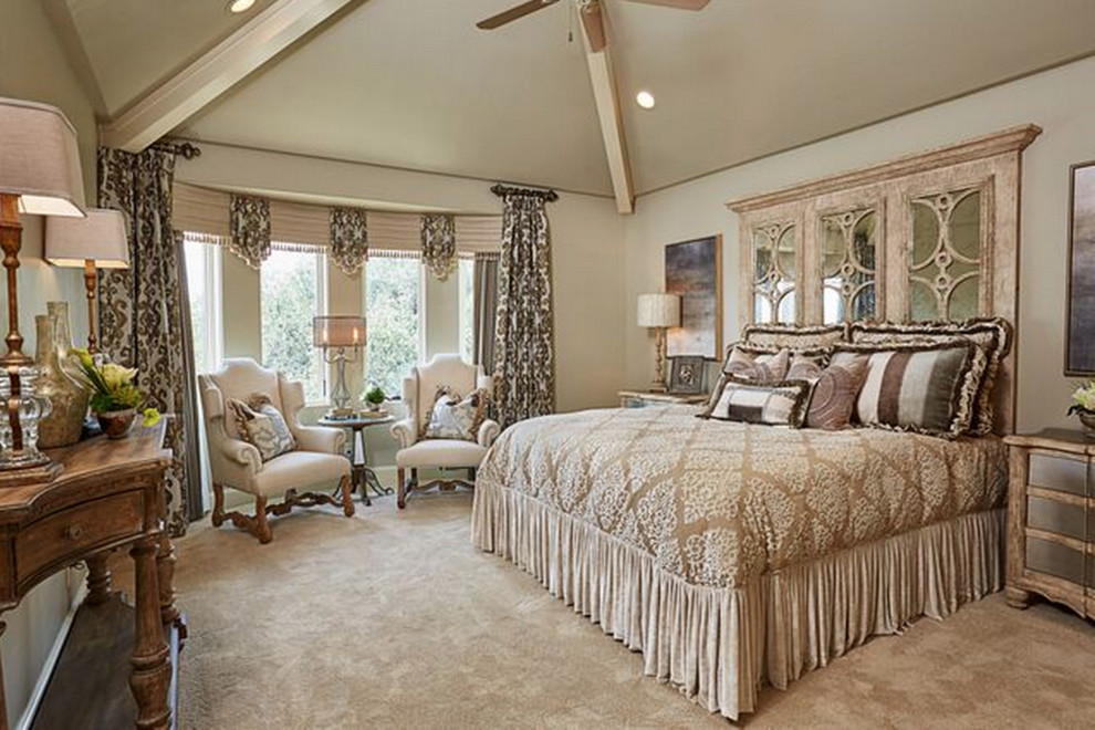 Inspiration for a mid-sized country master bedroom in Dallas with beige walls, carpet and no fireplace.